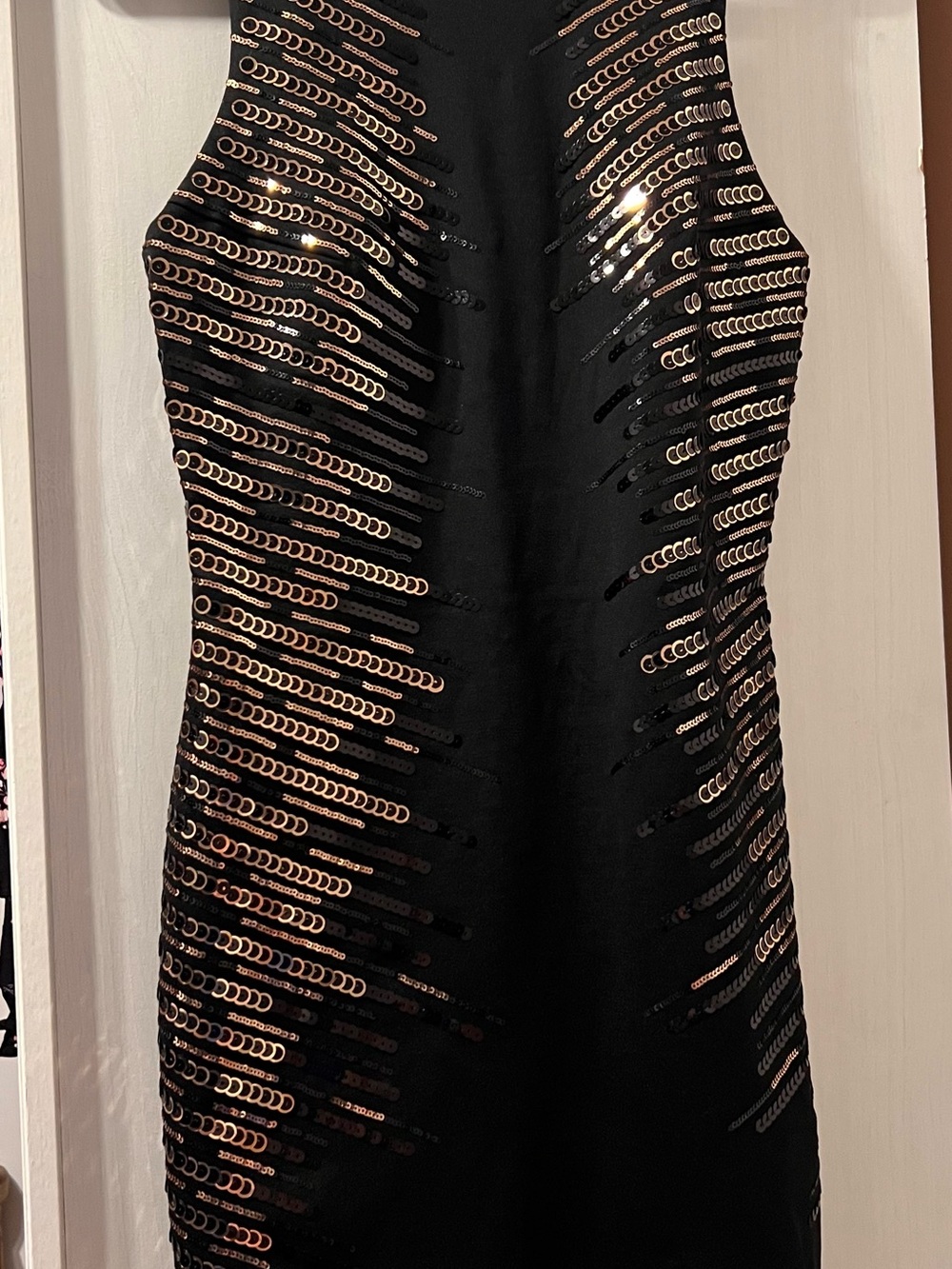 bebe Black Mini Dress with Gold Sequins